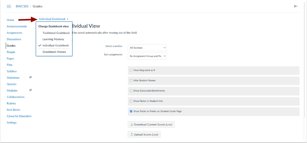 View Gradebook Drop Down Menu