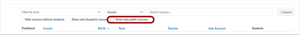 Account Courses Show Only Public Courses Checkbox