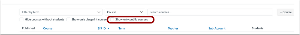 Account Courses Show Only Public Courses Checkbox