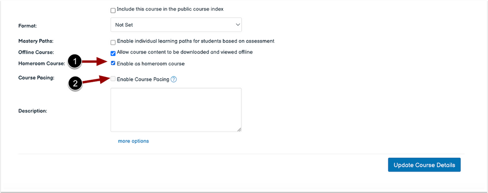 Course Setting Enable Homeroom Course and Enable Course Pacing Checkboxes