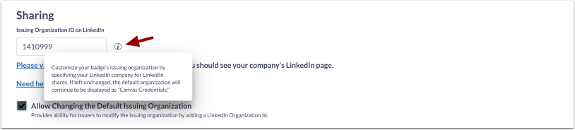 Issuing Organization ID on LinkedIn Field Information Icon