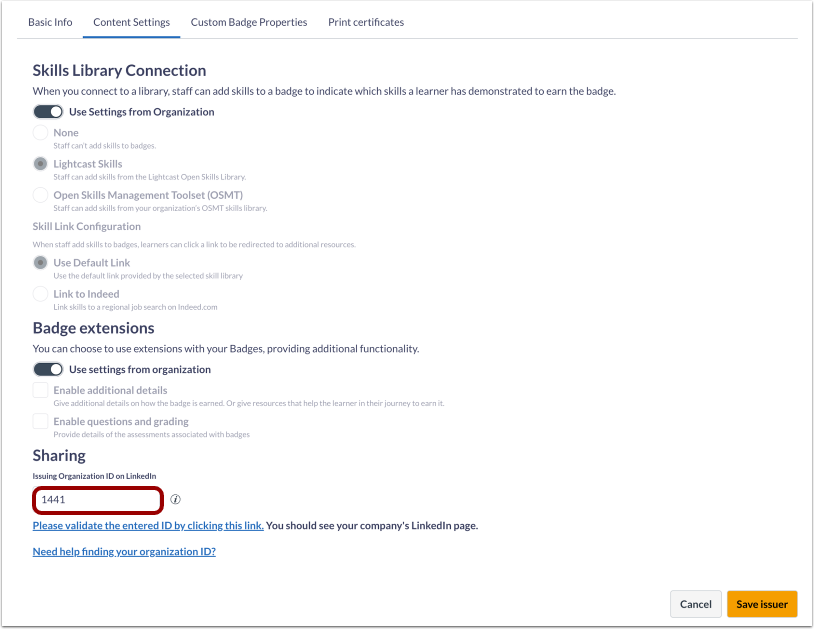 Edit Issuer View of Issuing Organization ID on LinkedIn Field