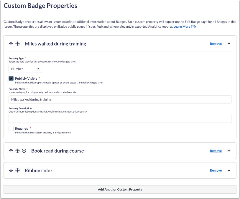 Custom Badge Properties Card Drop Down Options