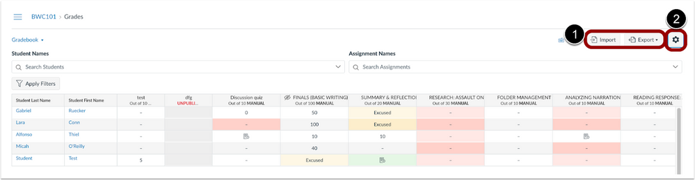 Import, Export and, Settings Buttons