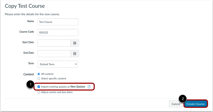 Copy Course Import existing quizzes as New Quizzes checkbox