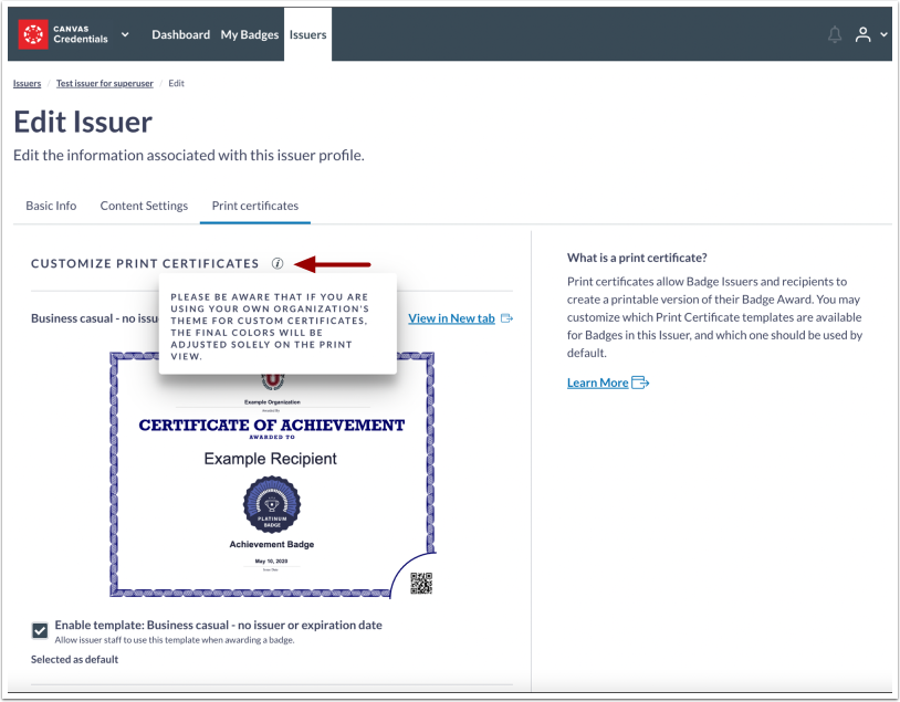 Edit Issuer Print Certificates Information Icon