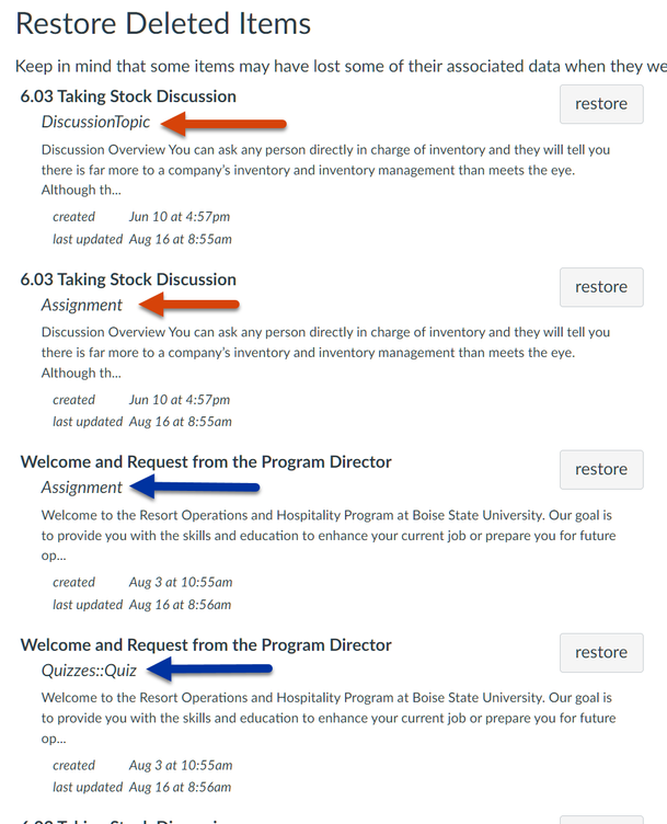 The index of a course's undelete page, showing the two parts of a graded discussion and the two parts of a graded quiz.