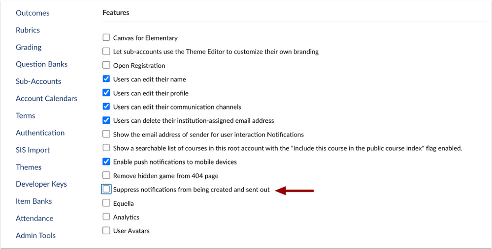 Account Setting Suppress Notifications from Being created and Sent Out Checkbox