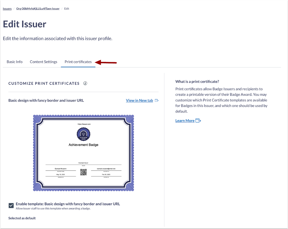 Edit Issuer Print Certificate Page