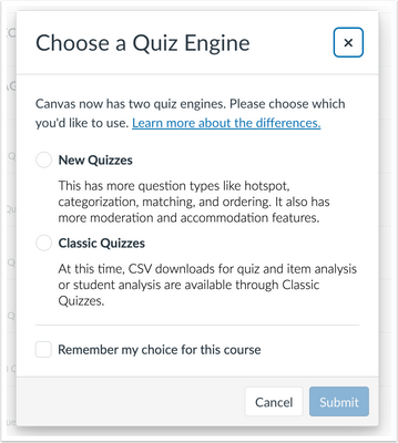 Choose a Quiz Engine Modal