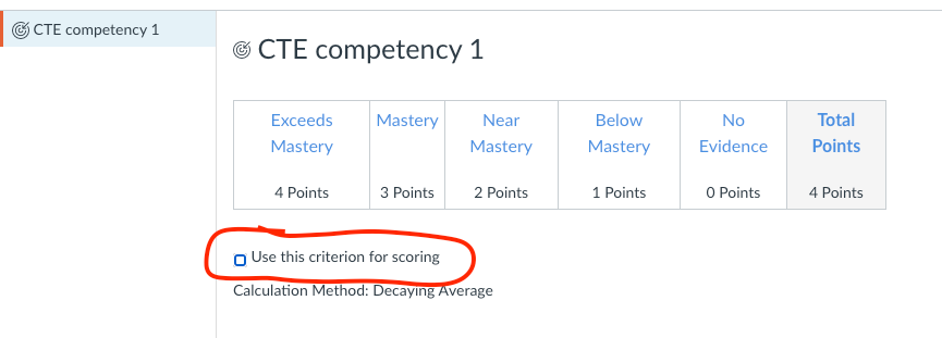 Find Outcomes dialog showing an outcome not being used for scoring