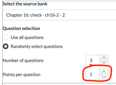 Question selection from Item Bank with points per question highlighted