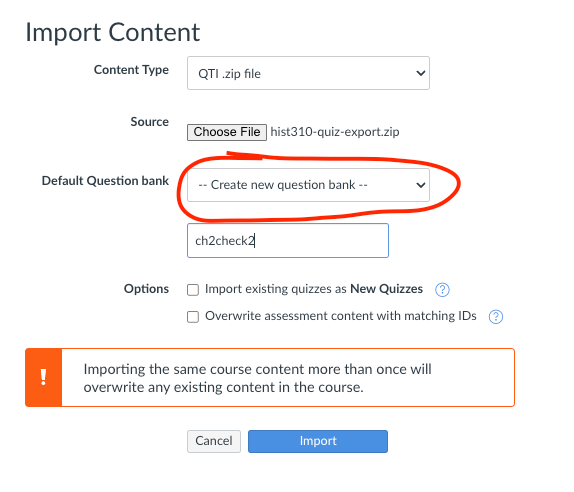 Import Content dialog with QTI and new question banks selected