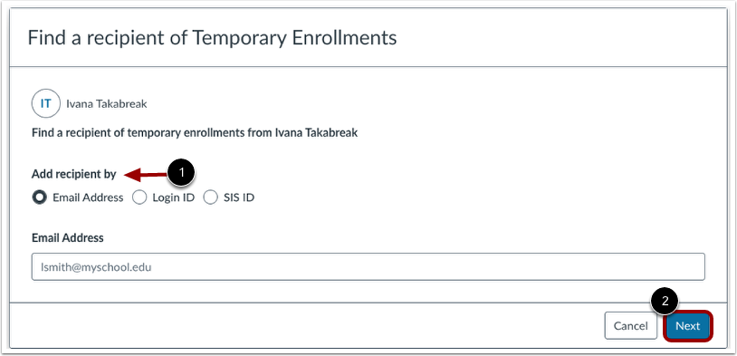 Find a Recipient of Temporary Enrollment Modal
