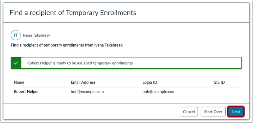 Find a Recipient of Temporary Enrollments User Found