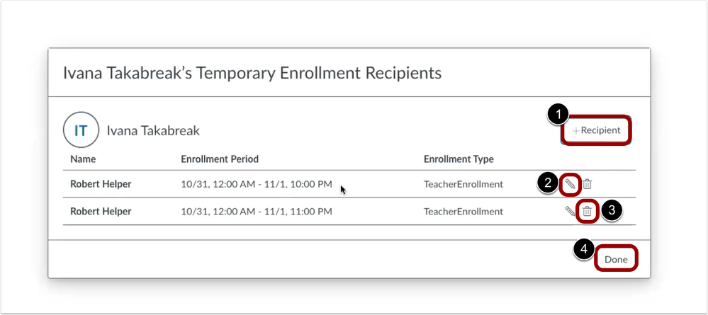 Provider's Temporary Enrollment Recipients modal