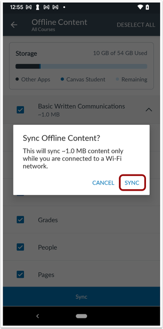 Sync Offline Content Confirmation