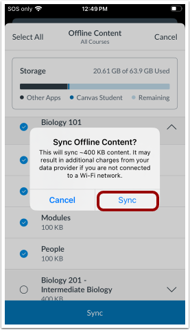 Sync Offline Content Confirmation Message