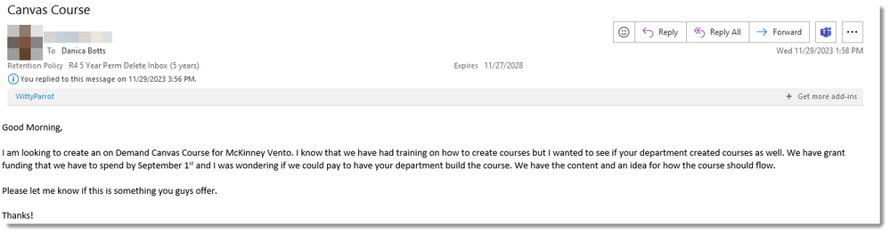 : Example of a SME reaching out with a request for a Canvas course.