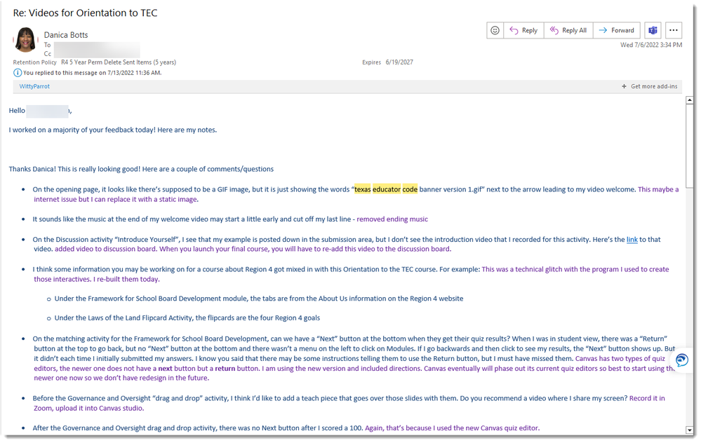 The SME sent me feedback (blue text) I responded (purple text).