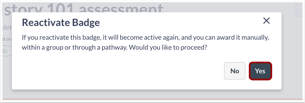 Reactivate Badge Confirmation Message