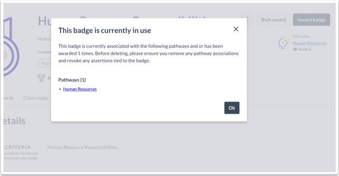 Badge Currently In Use Modal