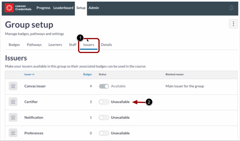 Credentials LTI Group Set Up Issuer Tab