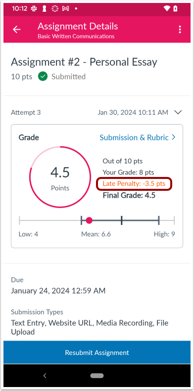 Assignment Details Late Penalty Label