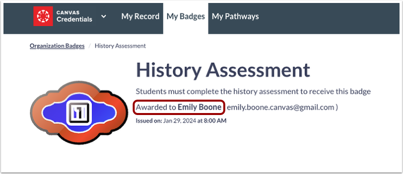 My Badges Displays Awarded To Name
