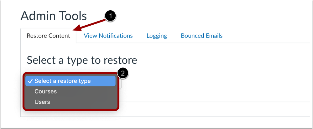 Account Settings Restore Content Drop-Down Menu
