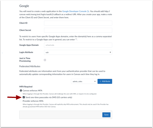 MFA Send One-Time Passcodes via SMS Checkbox