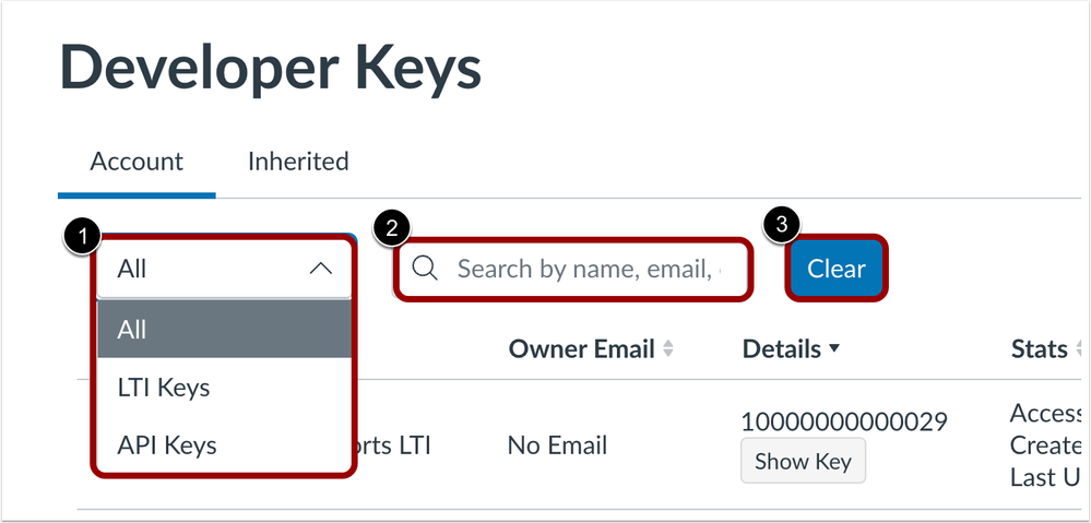 Developer Keys Filter Drop Down Menu, Search Field and Clear Button