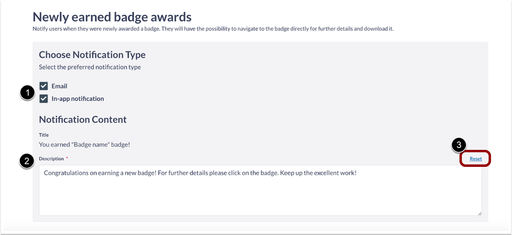 Newly Earned Badge Awards Notification Setting Options