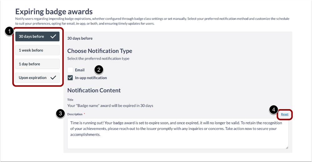 Expiring Badge Award Notification Setting Options