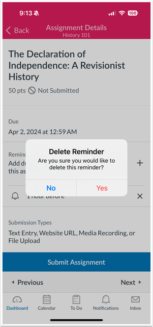 Delete Reminder Confirmation