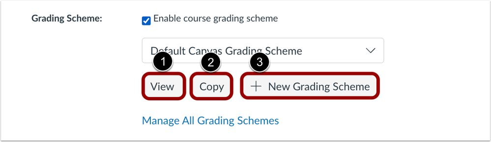 Course Grading Scheme View, Copy and Add New Grading Scheme Buttons