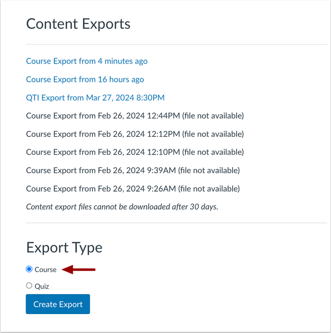 Course Exports Page
