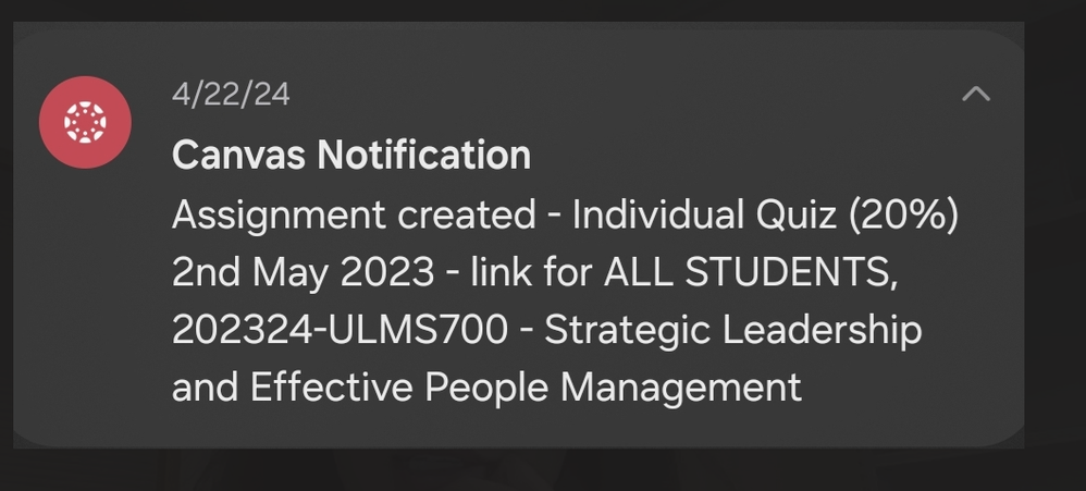 Canvas notification telling students that an assignment has been created
