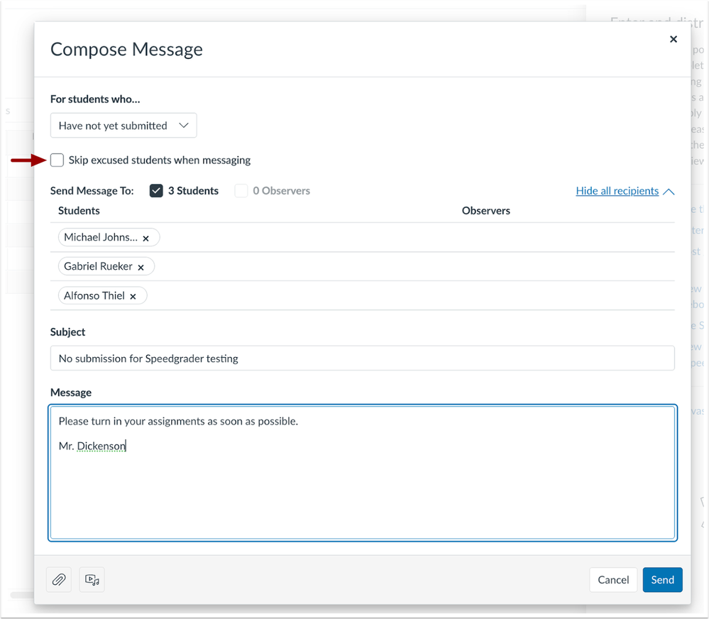 Message Students Who Skip Excused Students When Messaging Checkbox