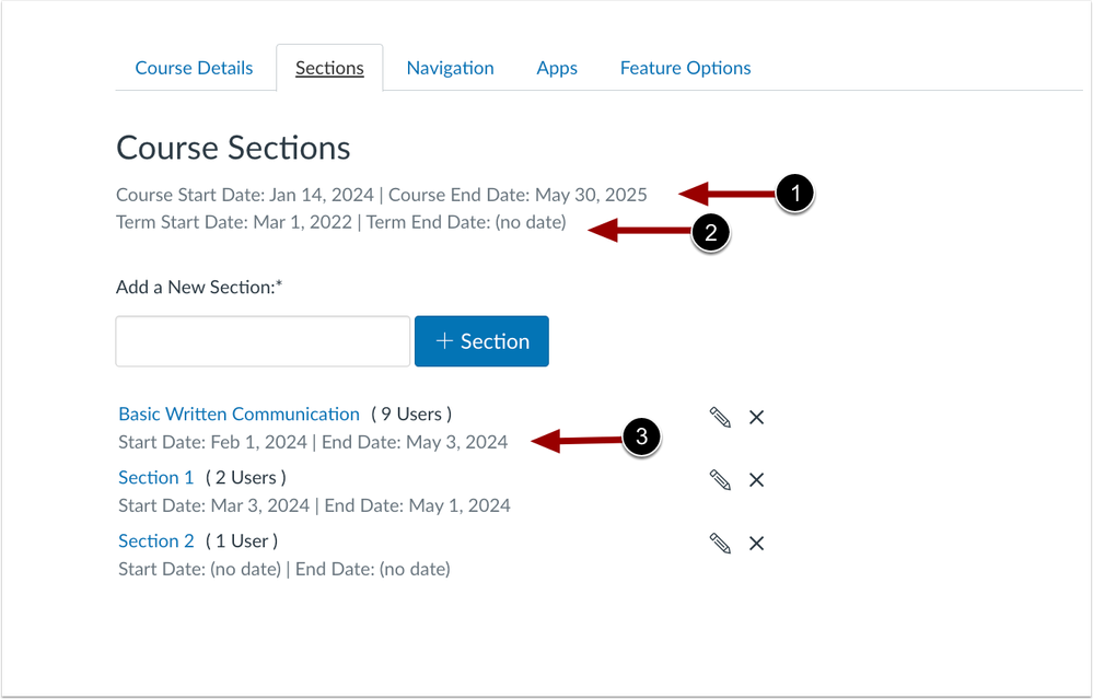 Course Dates, Term Dates and Section Dates Display