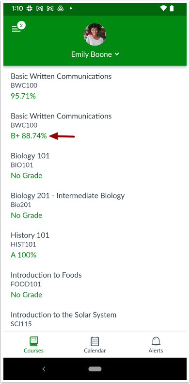 Course Grade Percentage