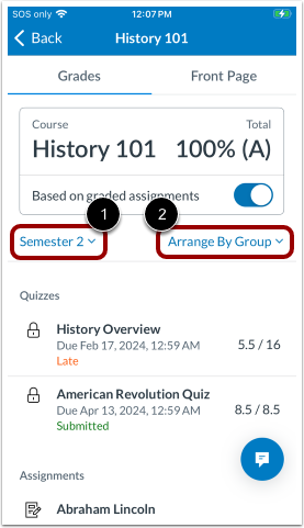 Grades Page Grading Period and Arrange By Filters