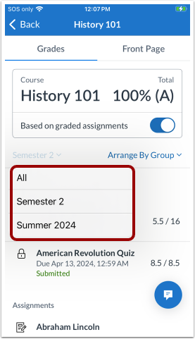 Grading Period Filter Options