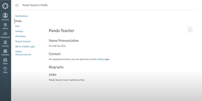 This screenshot shows a profile page for a user named "Panda Teacher," featuring sections like name pronunciation, contact, biography, and links.