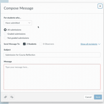 Screenshot of a "Compose Message" window with options to send a message to students based on submission status, accompanying fields for message subject, and message body, and a "Send" button.