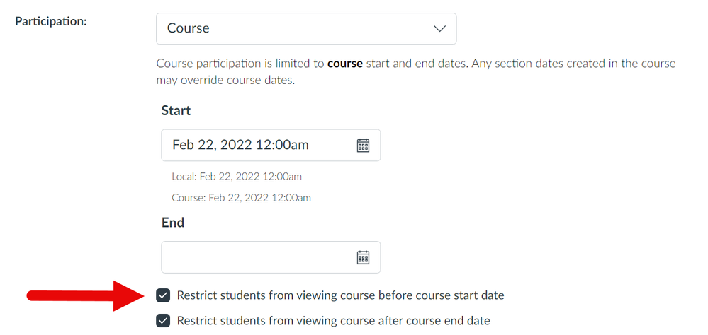 Red arrow highlighting correct alignment of checkbox in Participation section