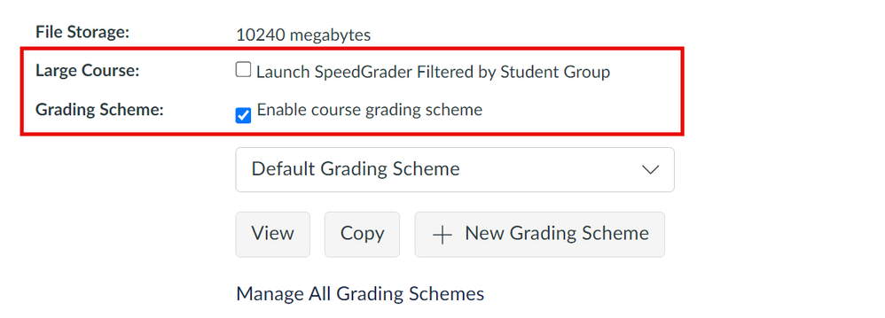 Red box outlines the Large Course and Grading Scheme checkboxes to highlight inconsistent alignment of checkbox with text