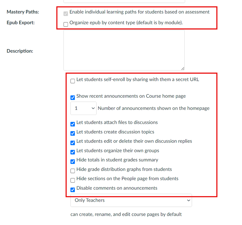 Red boxes highlight sections with checkboxes that do not align with text including Mastery Paths and list of settings below Description