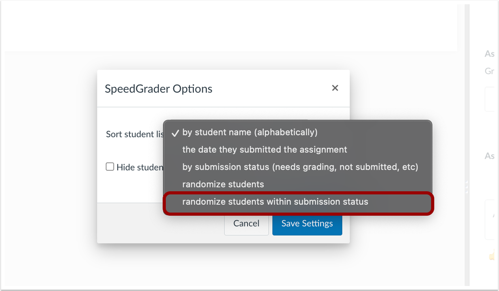 SpeedGrader Randomize Students within Submission Status Option