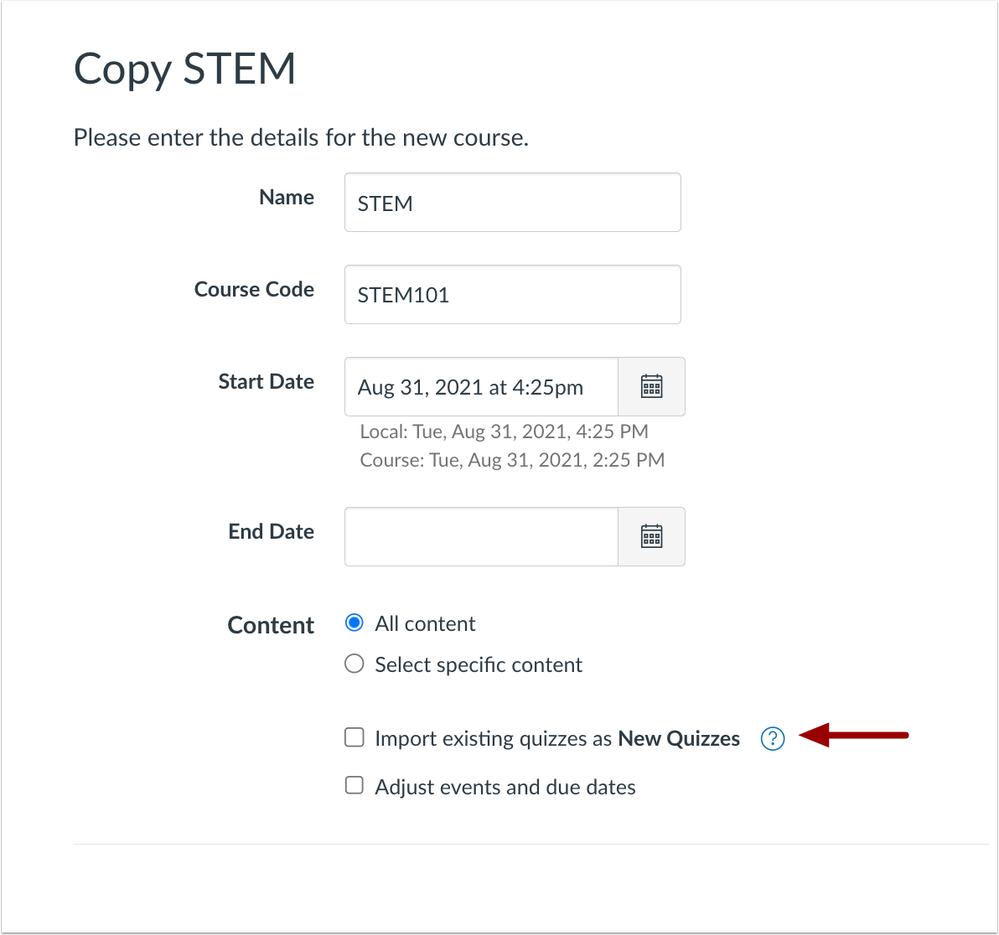 Course Copy page Import Existing Quizzes as New Quizzes Checkbox